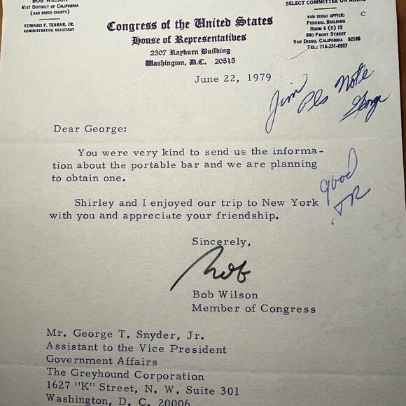 1979 Bob Wilson Signed Autograph Letter – California Congressman – Jun 22 - Picture 1 of 1